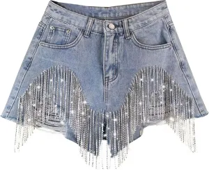 AMDBEL Women's Jean Shorts,Summer Fashion Solid Color Hollow Out Diamond Tassel Chain Hot Jean Shorts Casual Denim Shorts