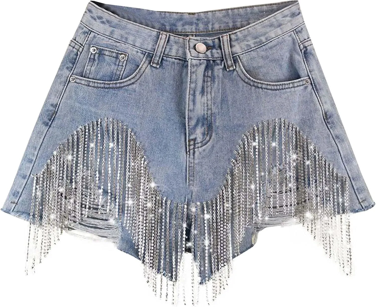 AMDBEL Women's Jean Shorts,Summer Fashion Solid Color Hollow Out Diamond Tassel Chain Hot Jean Shorts Casual Denim Shorts