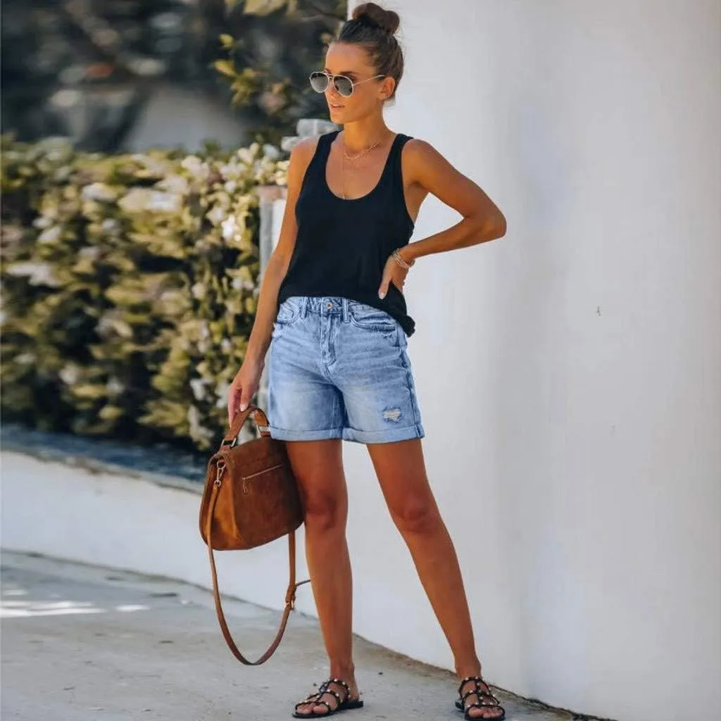 AMDBEL Womens Jeans Shorts High Waisted Stretchy Bermuda Denim Shorts Casual Comfy Ripped Beach Jean Shorts with Pockets