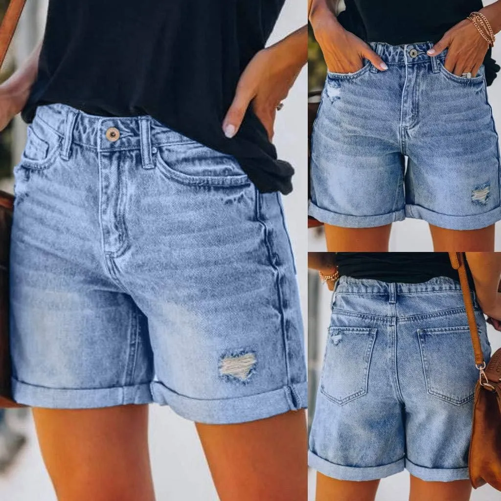 AMDBEL Womens Jeans Shorts High Waisted Stretchy Bermuda Denim Shorts Casual Comfy Ripped Beach Jean Shorts with Pockets