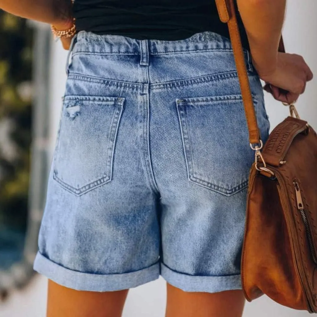 AMDBEL Womens Jeans Shorts High Waisted Stretchy Bermuda Denim Shorts Casual Comfy Ripped Beach Jean Shorts with Pockets