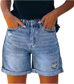 AMDBEL Womens Jeans Shorts High Waisted Stretchy Bermuda Denim Shorts Casual Comfy Ripped Beach Jean Shorts with Pockets