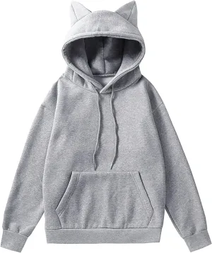 Aniywn Women's Hoodie Cat Ear Print Cute Tops Blouse Autumn Long Sleeve Pocket Sweatshirt Hooded Pullover Shirt