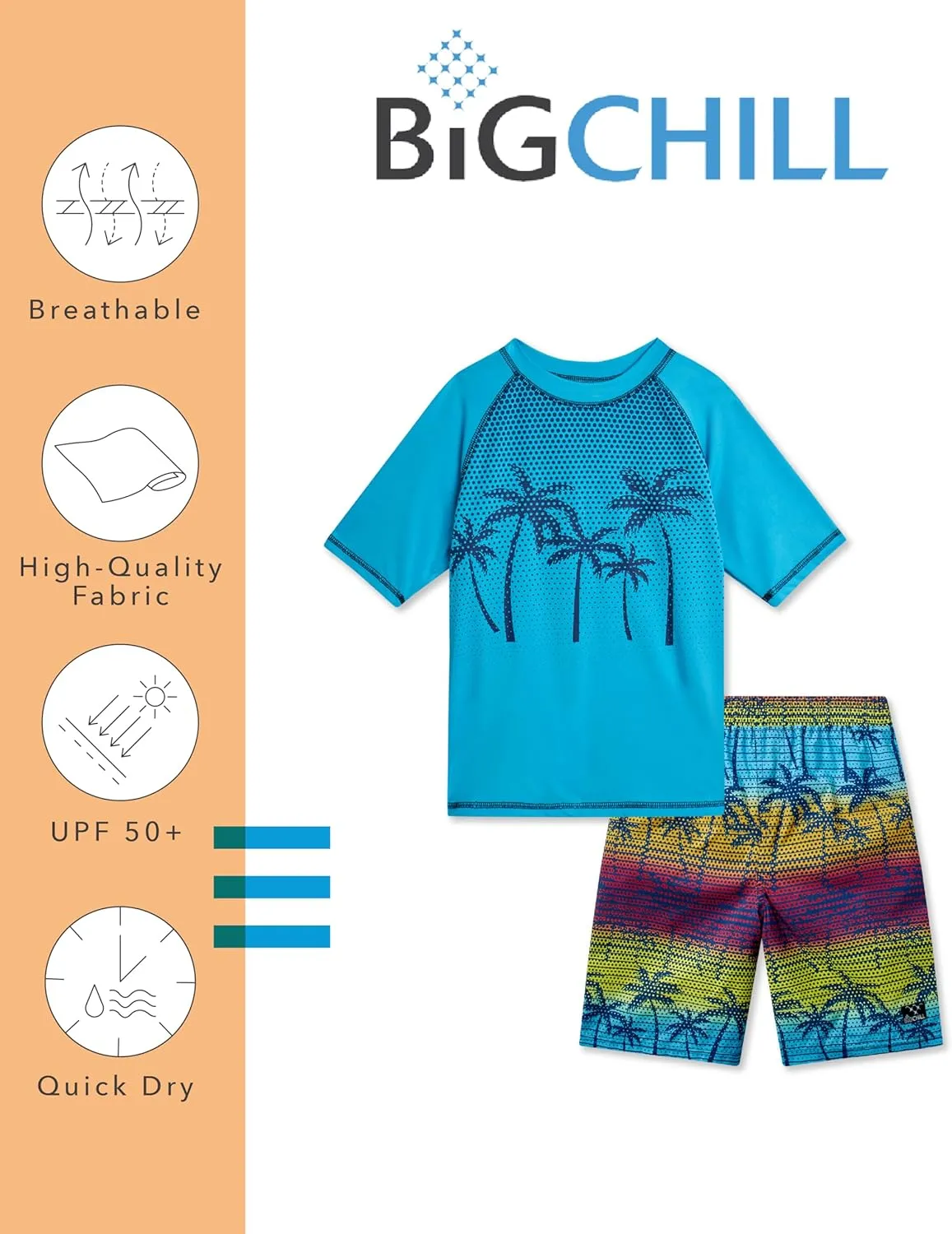 Big Chill Boys Rash Guard Set - 2 Piece UPF 50  Quick Dry Short Sleeve Swim Shirt and Swim Trunks for Boys (Sizes: 4-14)