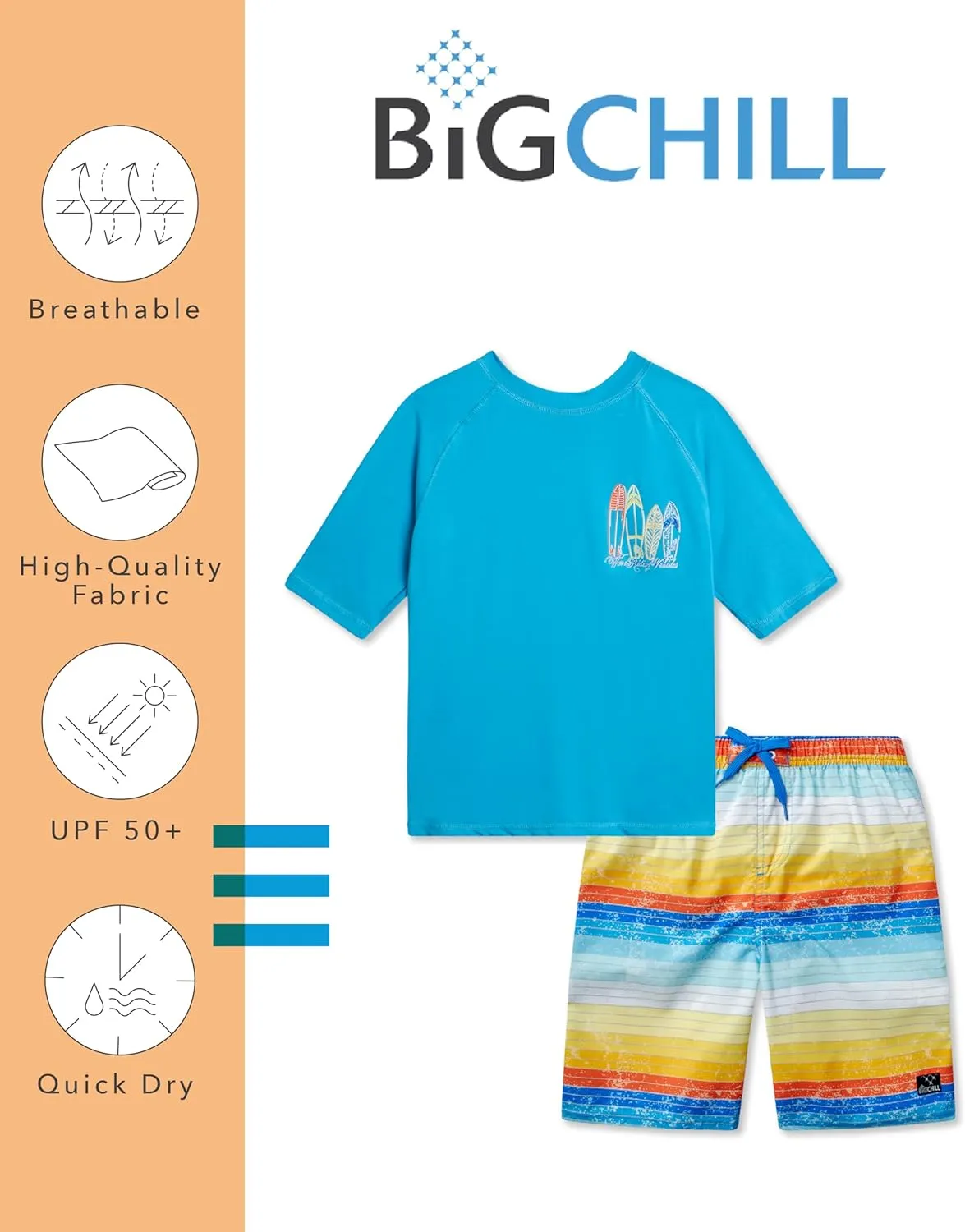 Big Chill Boys Rash Guard Set - 2 Piece UPF 50  Quick Dry Short Sleeve Swim Shirt and Swim Trunks for Boys (Sizes: 4-14)