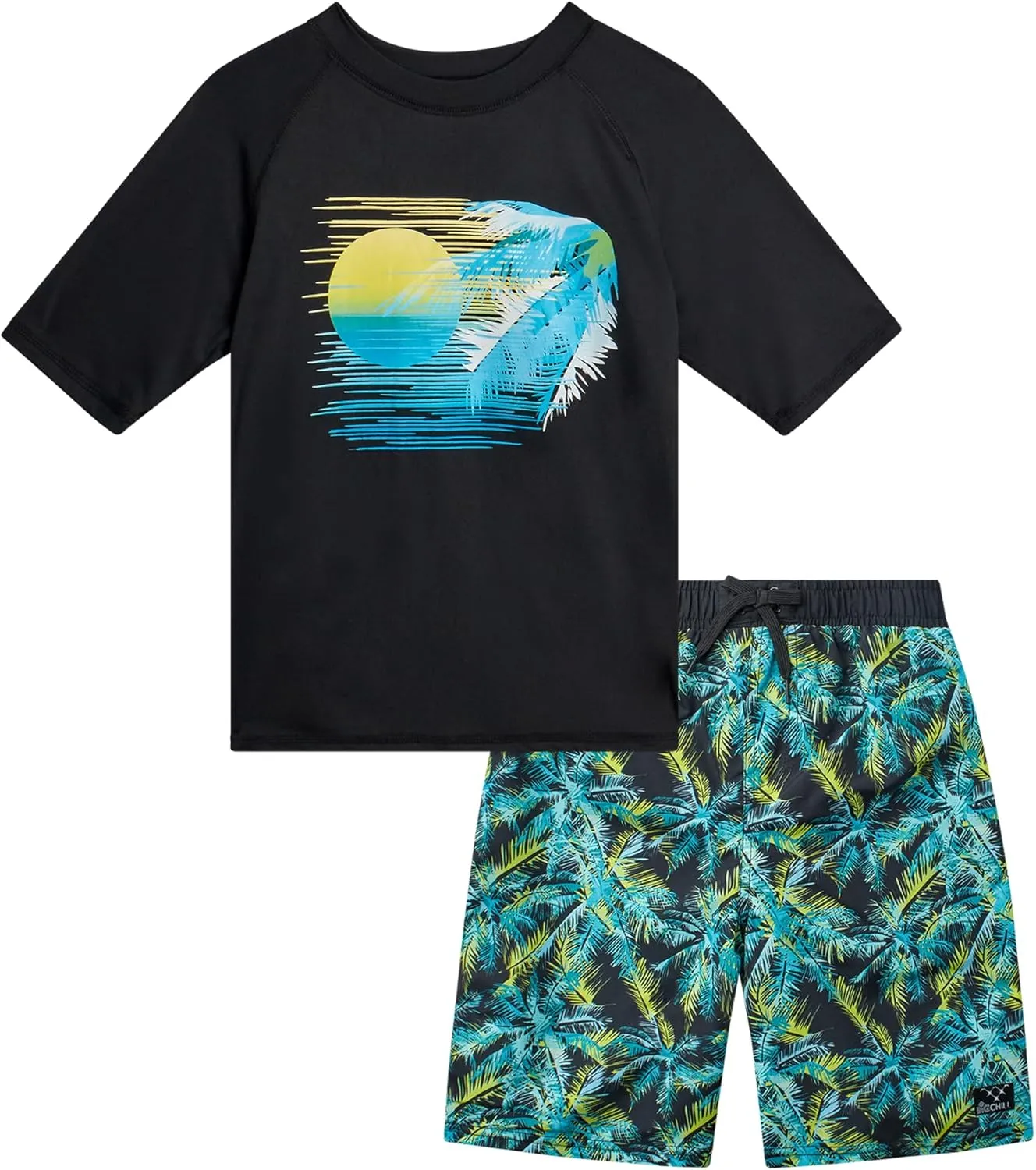Big Chill Boys Rash Guard Set - 2 Piece UPF 50  Quick Dry Short Sleeve Swim Shirt and Swim Trunks for Boys (Sizes: 4-14)