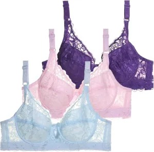 Bralette for Women Pack Lace Bralettes for Women Set Full Support Lace Bralettes for Women Lace Bras for Women Underwire 3 Pack Bras for Women All Day Comfort Bra, (46) 46D, 03-light Blue