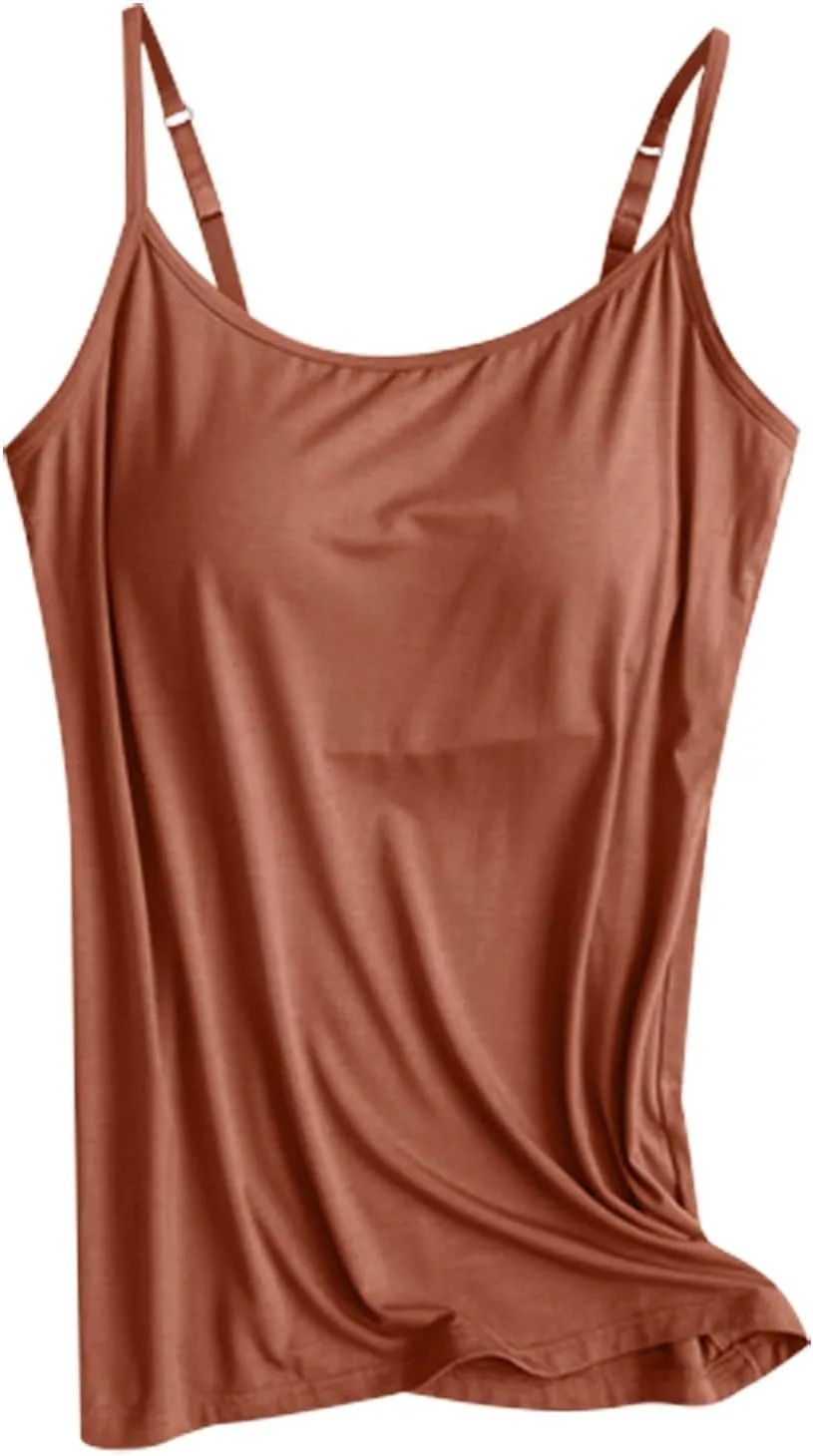 Camisole Tops for Women Built in Bra Summer Adjustable Spaghetti Strap Cami Tank Longline Sports Undershirts