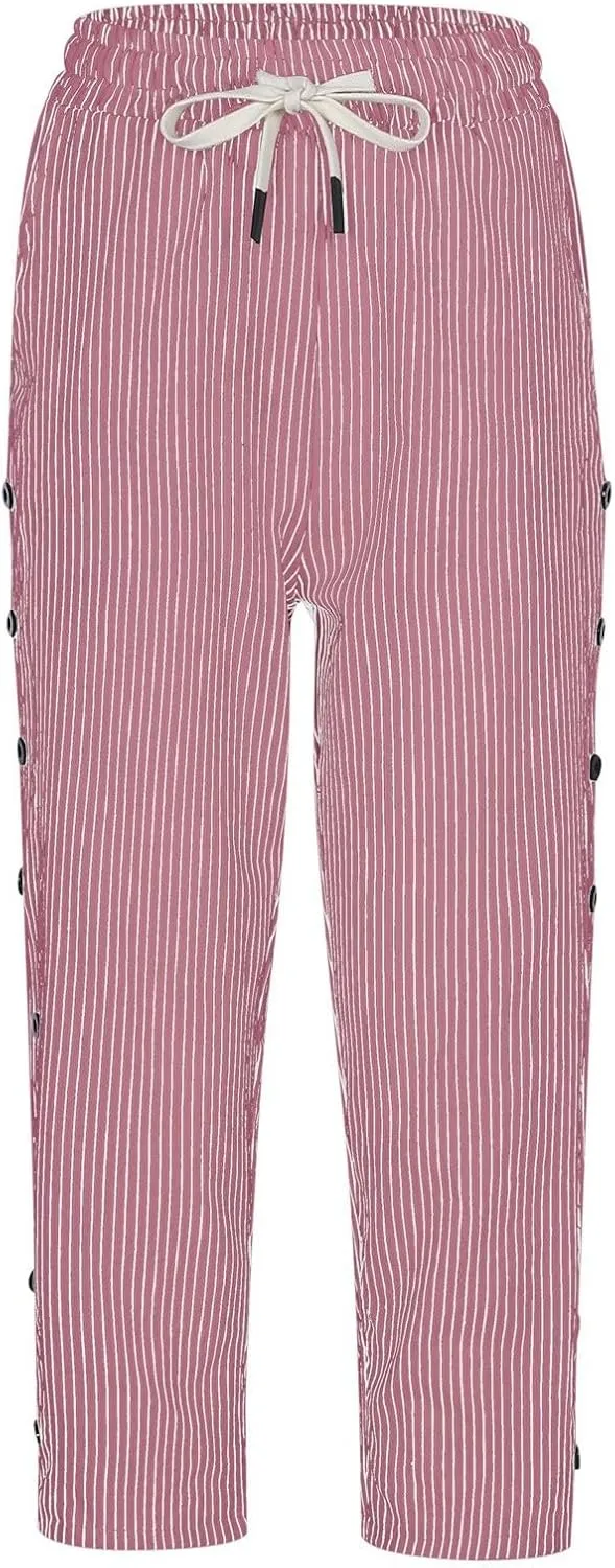 Capri Linen Pants Women Casual Summer Drawstring Elastic High Waist Linen Pant Straight Wide Leg Cropped