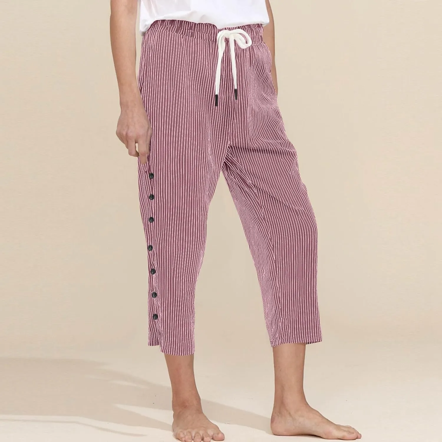 Capri Linen Pants Women Casual Summer Drawstring Elastic High Waist Linen Pant Straight Wide Leg Cropped