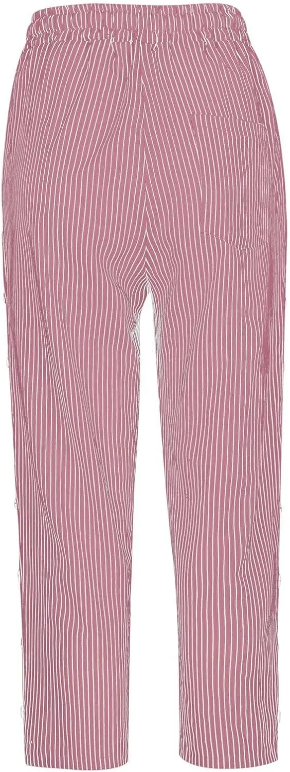 Capri Linen Pants Women Casual Summer Drawstring Elastic High Waist Linen Pant Straight Wide Leg Cropped