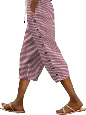 Capri Linen Pants Women Casual Summer Drawstring Elastic High Waist Linen Pant Straight Wide Leg Cropped