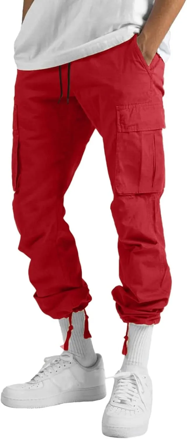 Cargo Pants for Men Mens Solid Cargo Pants Casual Joggers Athletic Pants Loose Straight Sweatpants with Multi-Pocket