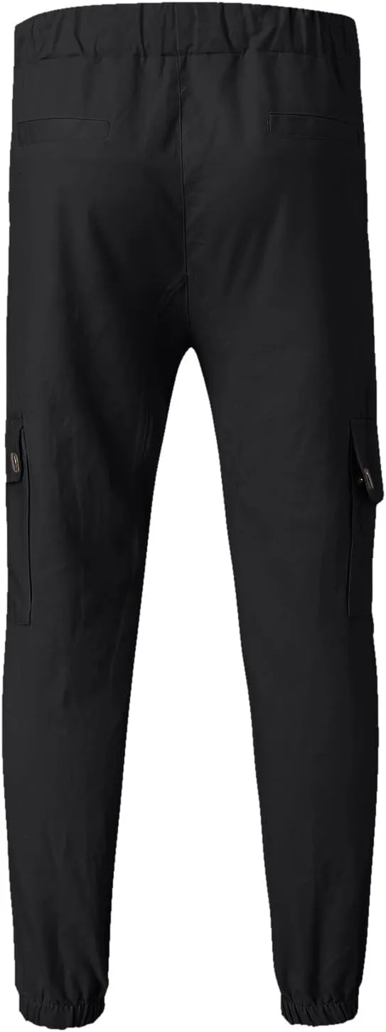 Cargo Pants for Men Men's Solid Elastic Waist Hiking Cargo Pants Athletic Drawtring Jogger Sweatpant with Multi-Pocket