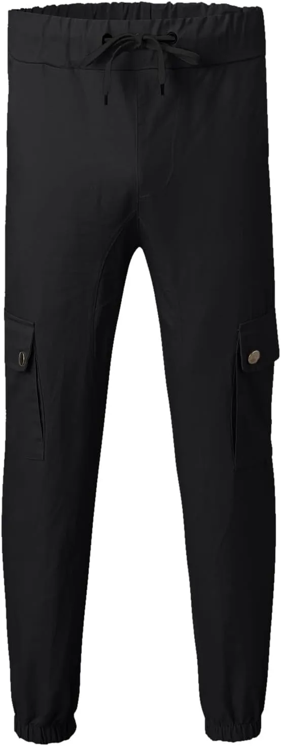 Cargo Pants for Men Men's Solid Elastic Waist Hiking Cargo Pants Athletic Drawtring Jogger Sweatpant with Multi-Pocket