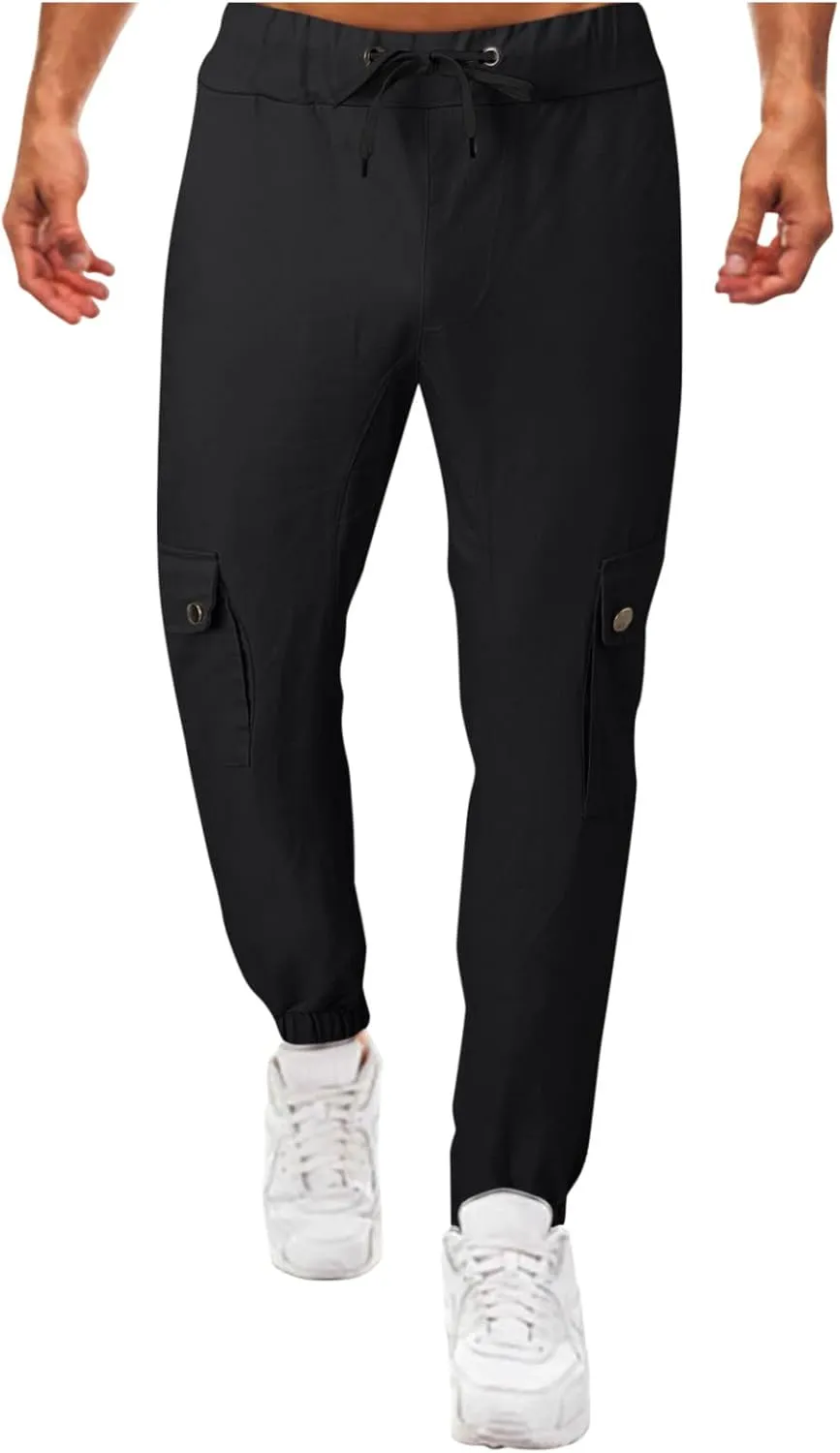 Cargo Pants for Men Men's Solid Elastic Waist Hiking Cargo Pants Athletic Drawtring Jogger Sweatpant with Multi-Pocket