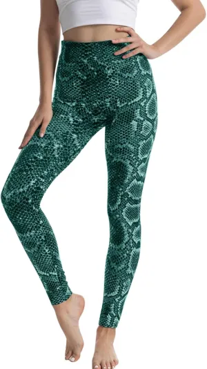 Casual Leggings for Women High Waist Printed Tummy Control Butt Lifting Pants Workout Causal Athletic Tights Compression Elastic Waist Fitted Fitness Funny work pack for Snake Pattern I37-Green