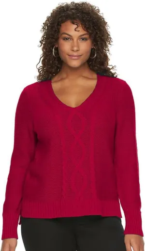 Chaps Women's Cable-Knit V-neck Long Sleeve Sweater (X-Large, Rich Red)