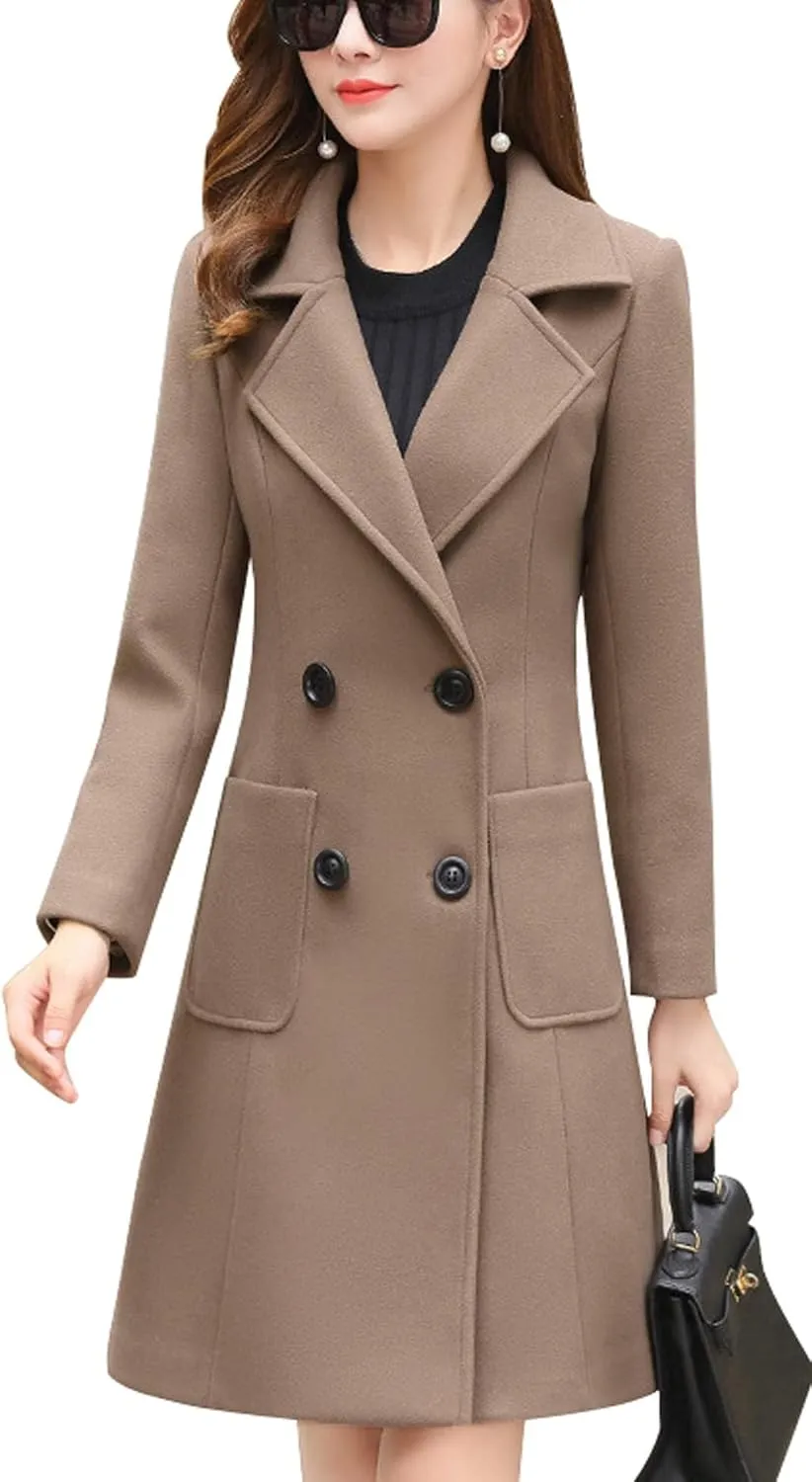 chouyatou Women Elegant Notched Collar Double Breasted Wool Blend Over Coat