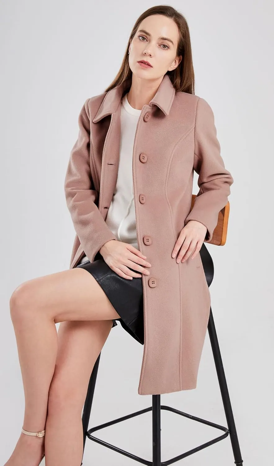 chouyatou Women's Fall Winter Elegant Single Breasted Long Wool Coat Overcoat