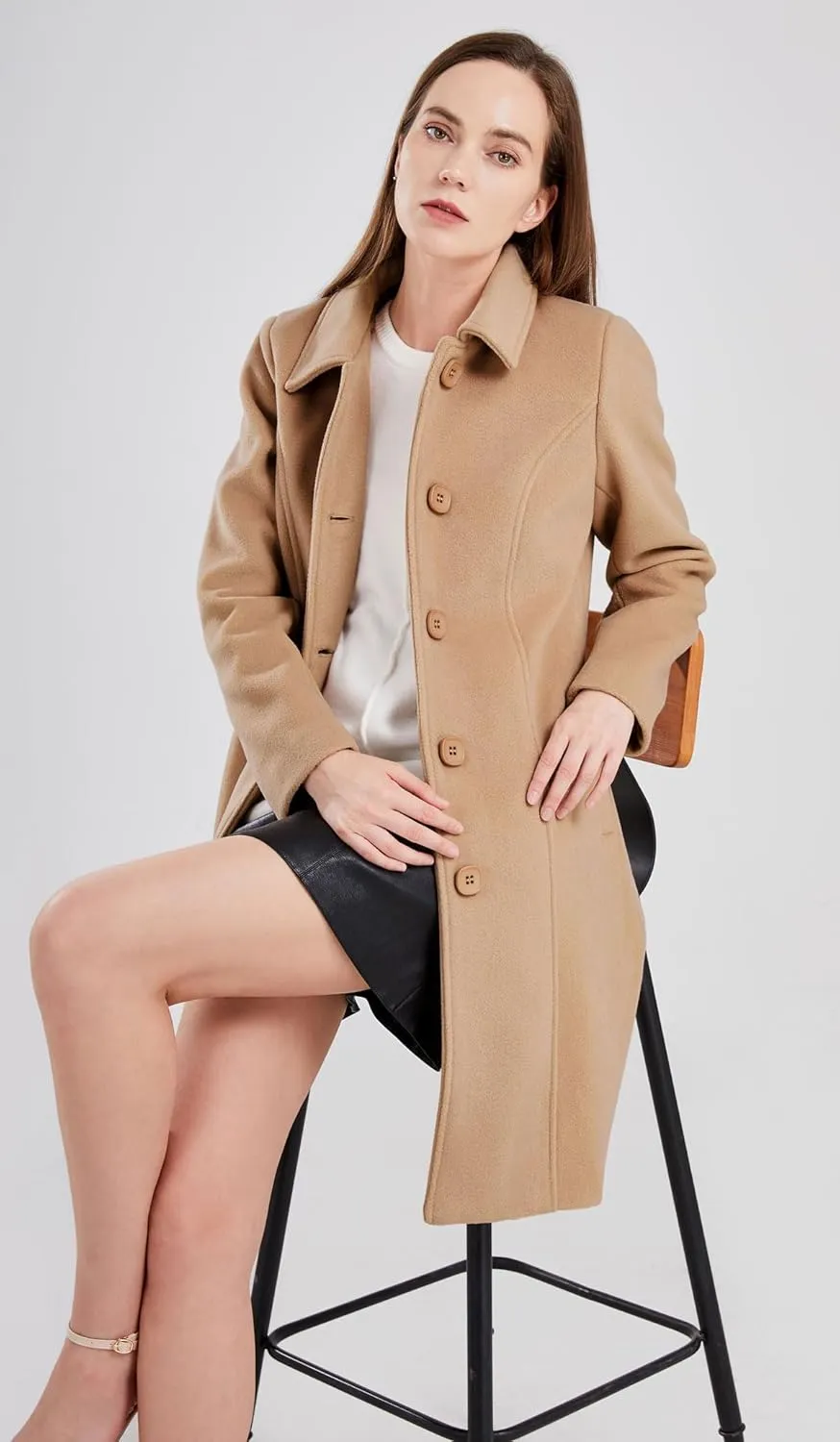 chouyatou Women's Fall Winter Elegant Single Breasted Long Wool Coat Overcoat