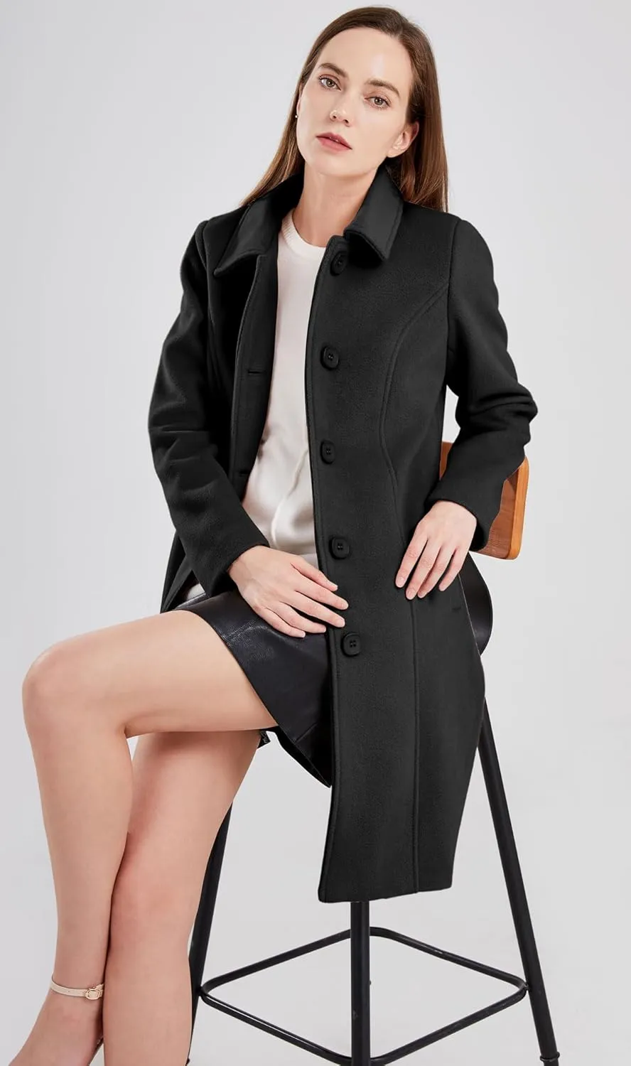 chouyatou Women's Fall Winter Elegant Single Breasted Long Wool Coat Overcoat