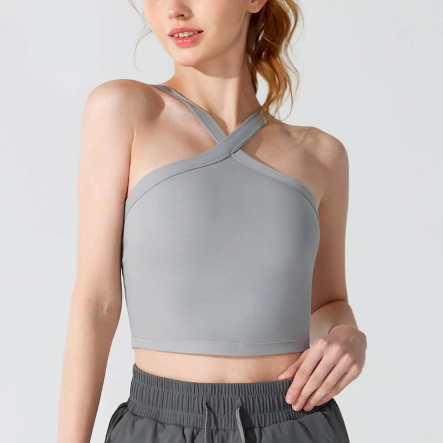 Criss Cross Halter Neck Crop Camisole for Women Summer Built in Shelf Bras Padded Cami Bras Casual Slim Fit Yoga Tees