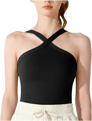 Criss Cross Halter Neck Crop Camisole for Women Summer Built in Shelf Bras Padded Cami Bras Casual Slim Fit Yoga Tees