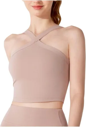Criss Cross Halter Neck Crop Camisole for Women Summer Built in Shelf Bras Padded Cami Bras Casual Slim Fit Yoga Tees