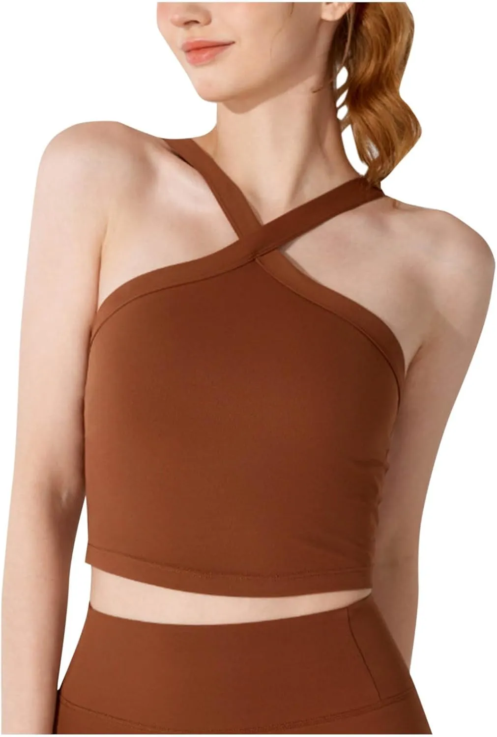 Criss Cross Halter Neck Crop Camisole for Women Summer Built in Shelf Bras Padded Cami Bras Casual Slim Fit Yoga Tees