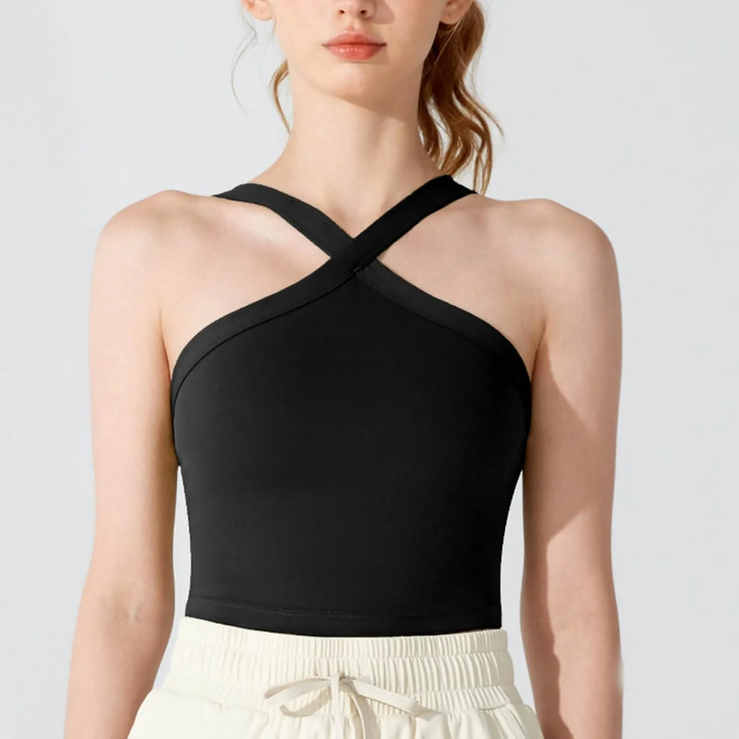 Criss Cross Halter Neck Crop Camisole for Women Summer Built in Shelf Bras Padded Cami Bras Casual Slim Fit Yoga Tees
