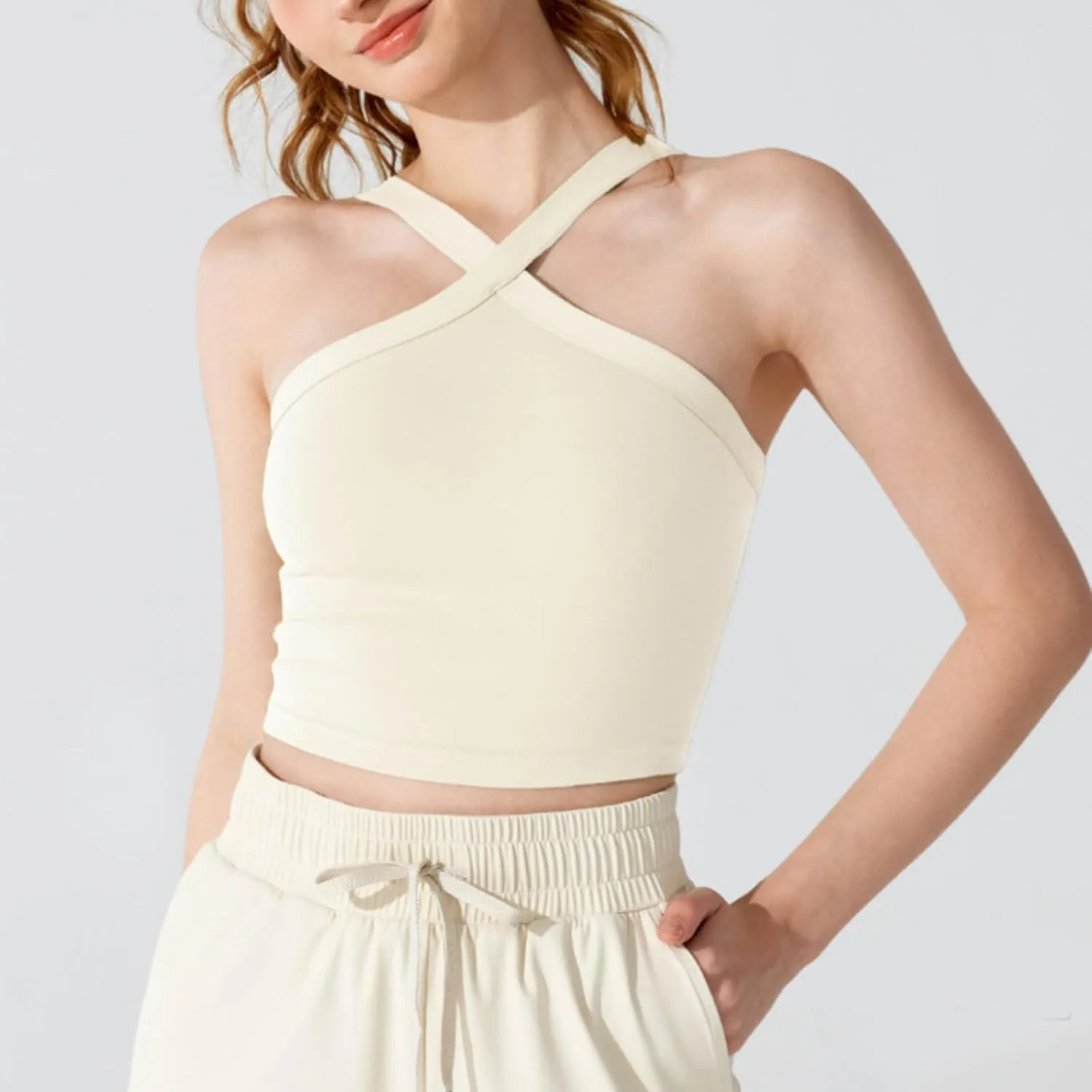 Criss Cross Halter Neck Crop Camisole for Women Summer Built in Shelf Bras Padded Cami Bras Casual Slim Fit Yoga Tees