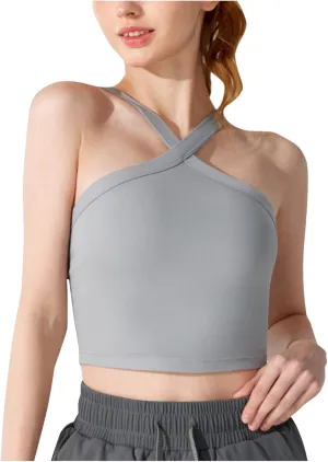 Criss Cross Halter Neck Crop Camisole for Women Summer Built in Shelf Bras Padded Cami Bras Casual Slim Fit Yoga Tees