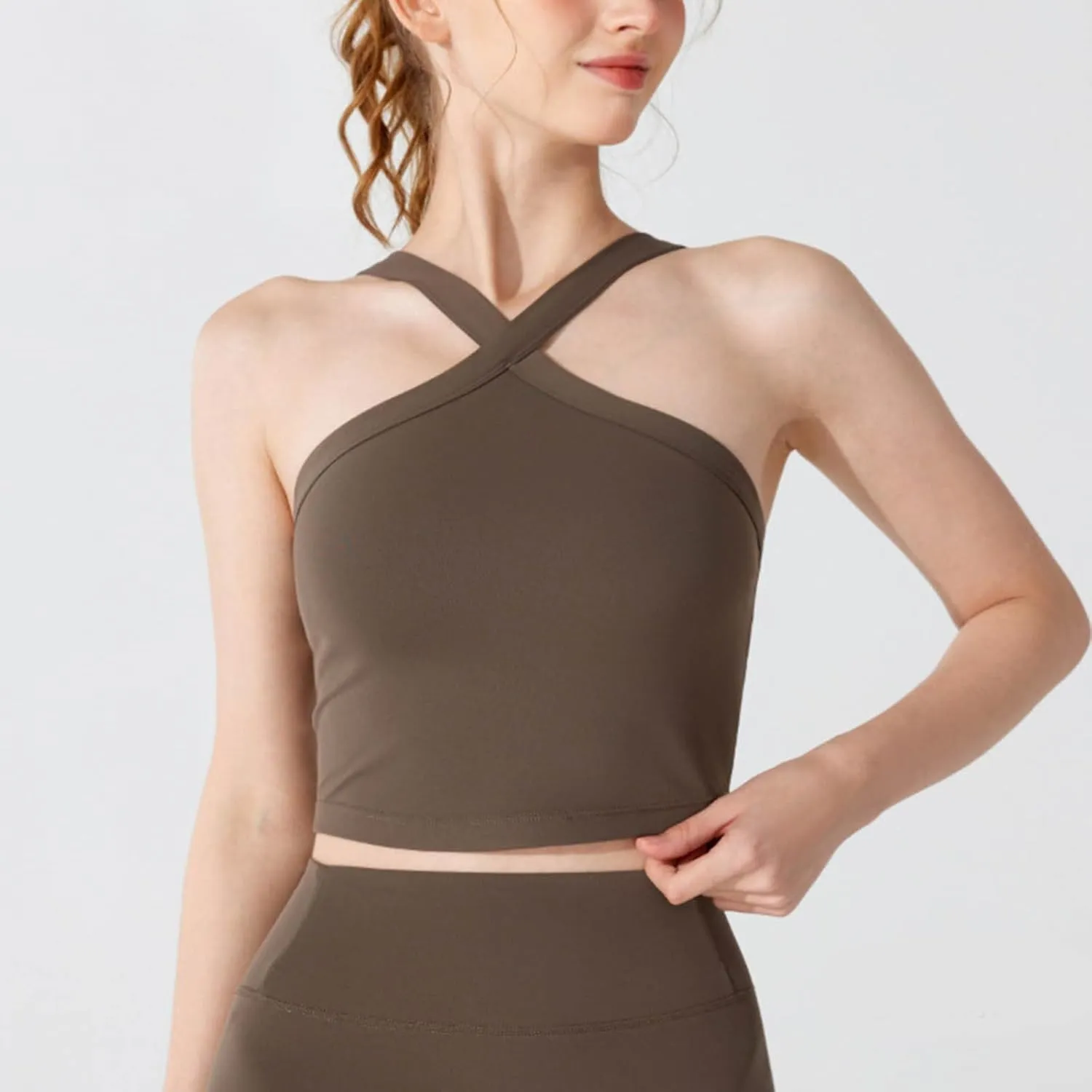 Criss Cross Halter Neck Crop Camisole for Women Summer Built in Shelf Bras Padded Cami Bras Casual Slim Fit Yoga Tees