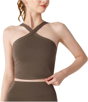 Criss Cross Halter Neck Crop Camisole for Women Summer Built in Shelf Bras Padded Cami Bras Casual Slim Fit Yoga Tees