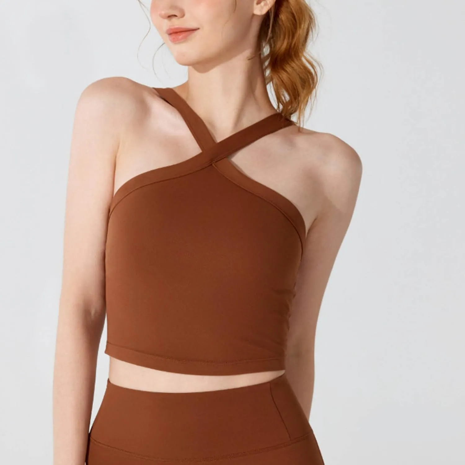 Criss Cross Halter Neck Crop Camisole for Women Summer Built in Shelf Bras Padded Cami Bras Casual Slim Fit Yoga Tees