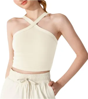 Criss Cross Halter Neck Crop Camisole for Women Summer Built in Shelf Bras Padded Cami Bras Casual Slim Fit Yoga Tees