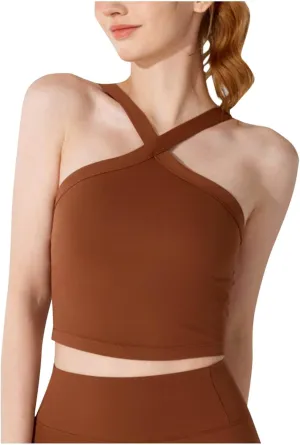 Criss Cross Halter Neck Crop Camisole for Women Summer Built in Shelf Bras Padded Cami Bras Casual Slim Fit Yoga Tees