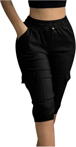 DDAPJ pyju Bermuda Cargo Shorts for Women Knee Length Casual Hiking Shorts Drawstring Elastic Waist Jogger Pants with Pockets