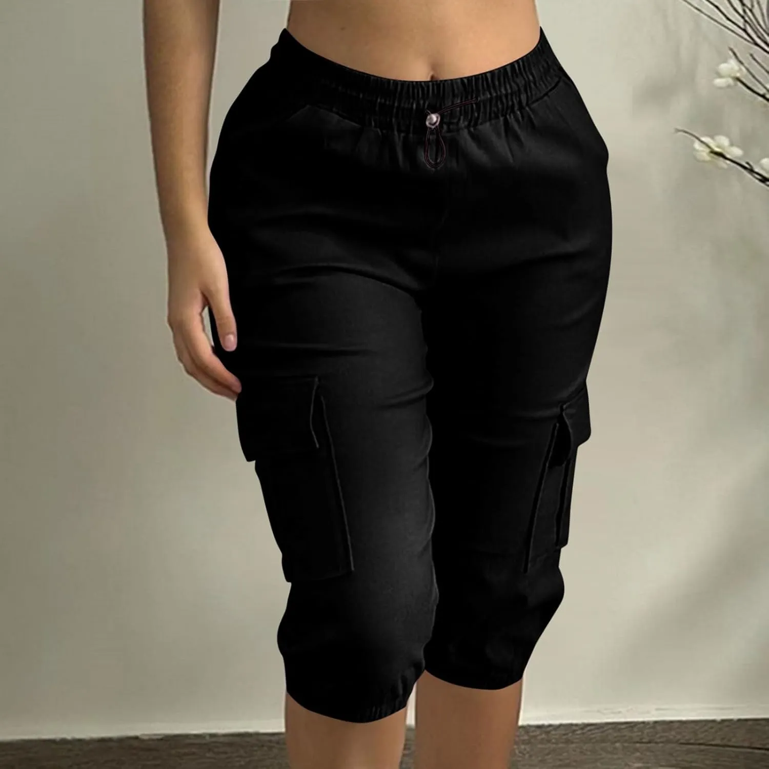 DDAPJ pyju Bermuda Cargo Shorts for Women Knee Length Casual Hiking Shorts Drawstring Elastic Waist Jogger Pants with Pockets