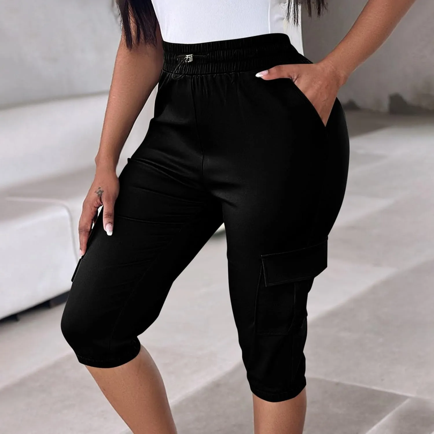DDAPJ pyju Bermuda Cargo Shorts for Women Knee Length Casual Hiking Shorts Drawstring Elastic Waist Jogger Pants with Pockets