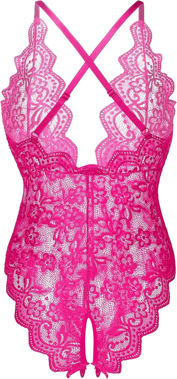 Donnalla Women's One Piece Teddy Plunging Lace Bodysuit Elegant Honeymoon Lingerie