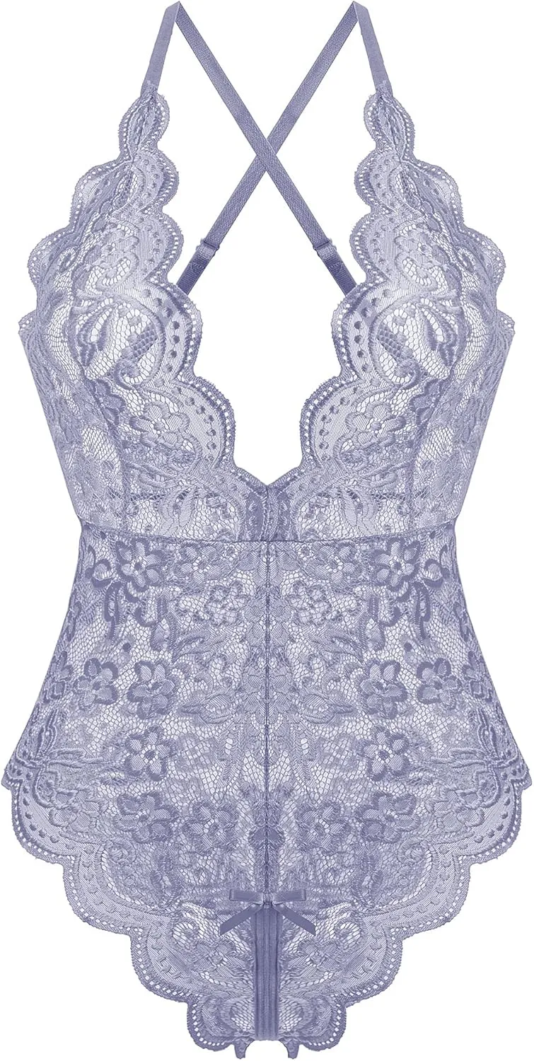 Donnalla Women's One Piece Teddy Plunging Lace Bodysuit Elegant Honeymoon Lingerie