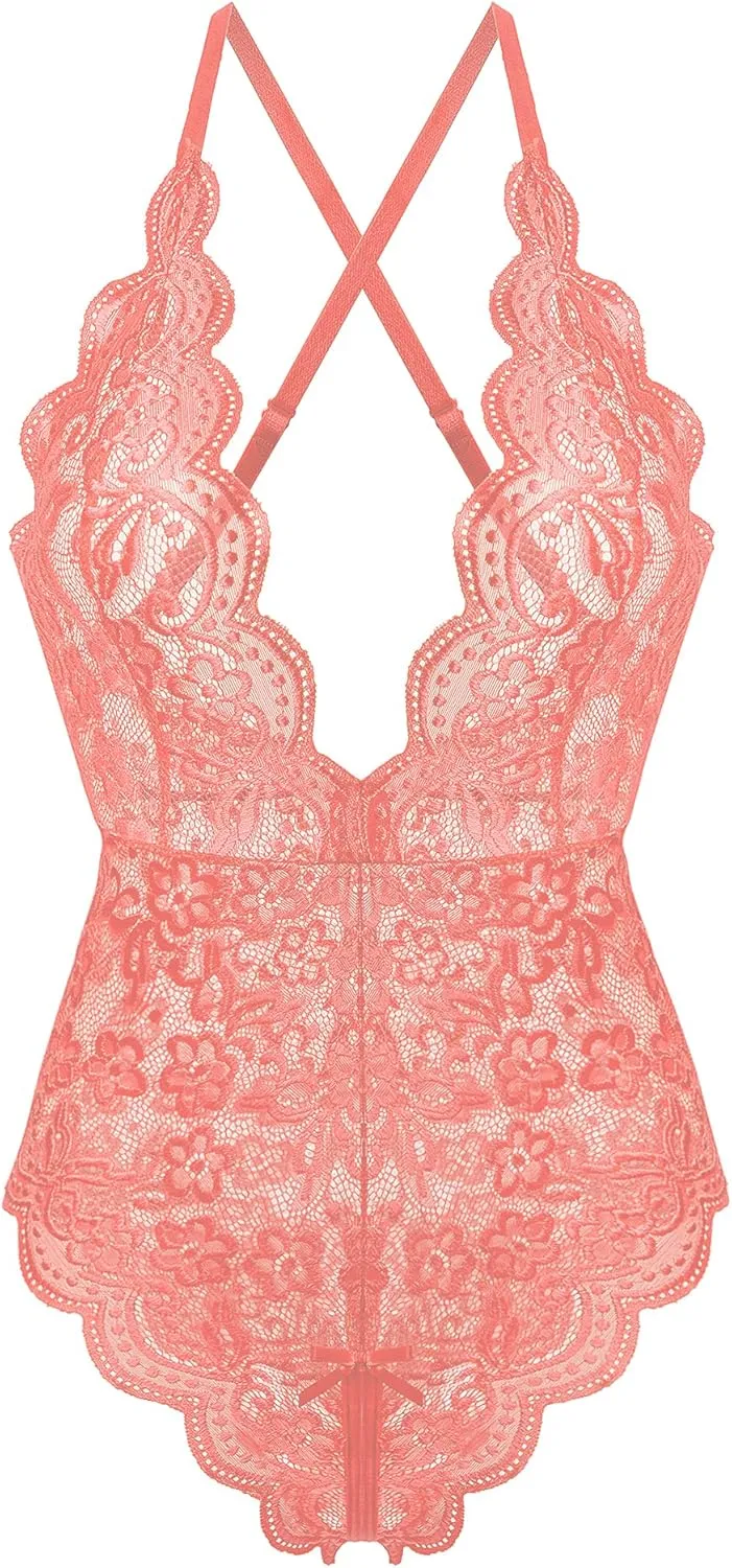 Donnalla Women's One Piece Teddy Plunging Lace Bodysuit Elegant Honeymoon Lingerie