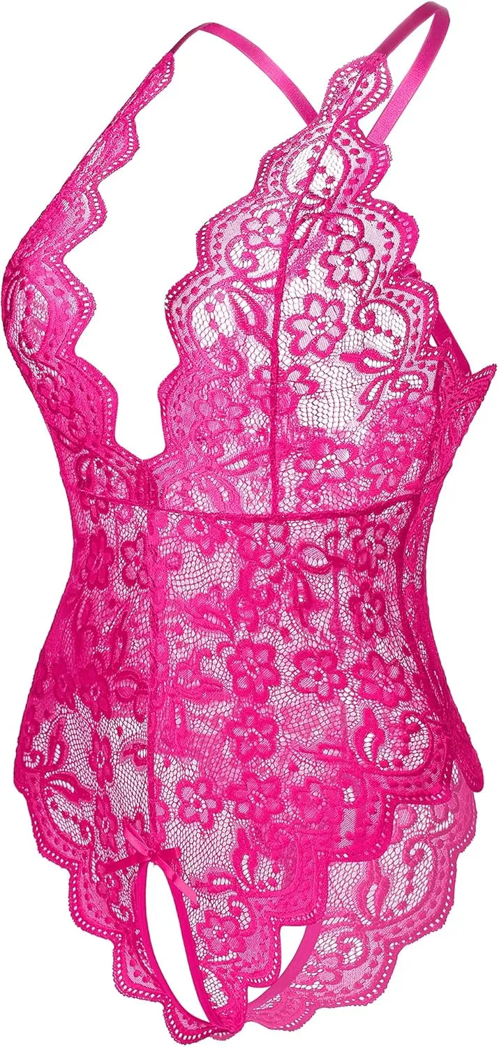 Donnalla Women's One Piece Teddy Plunging Lace Bodysuit Elegant Honeymoon Lingerie