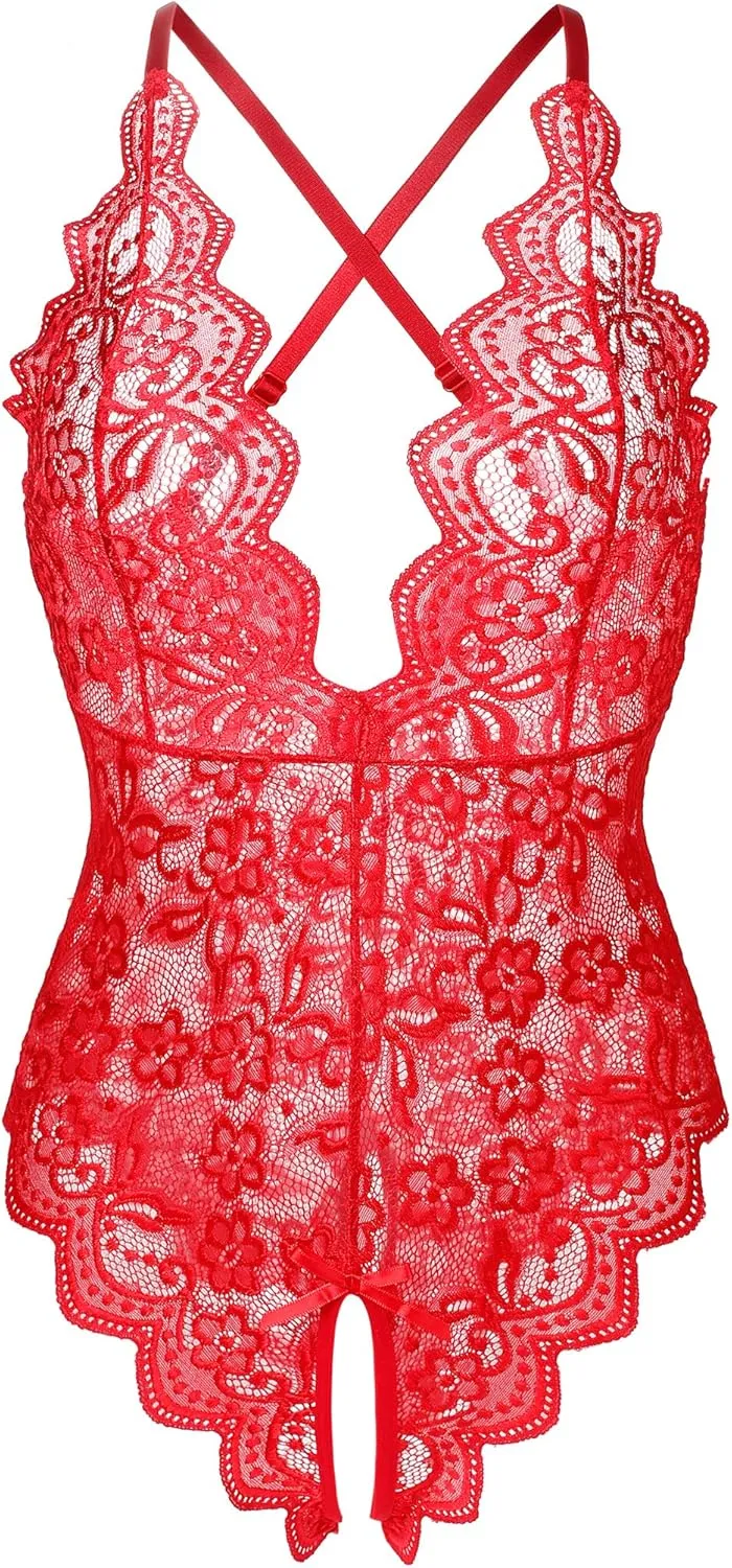 Donnalla Women's One Piece Teddy Plunging Lace Bodysuit Elegant Honeymoon Lingerie
