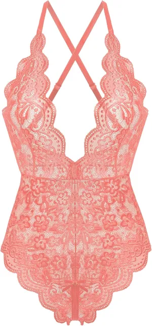 Donnalla Women's One Piece Teddy Plunging Lace Bodysuit Elegant Honeymoon Lingerie