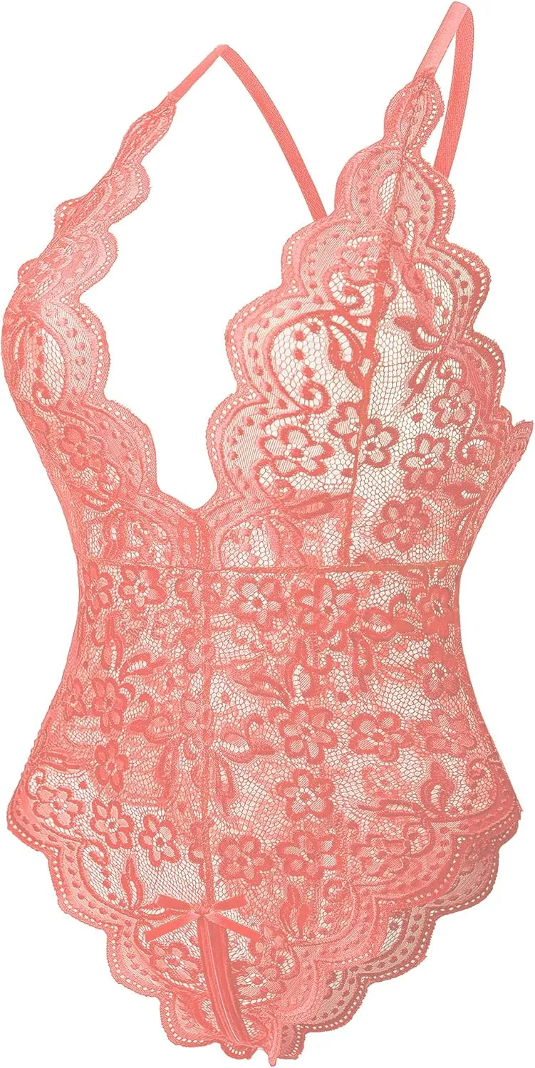 Donnalla Women's One Piece Teddy Plunging Lace Bodysuit Elegant Honeymoon Lingerie