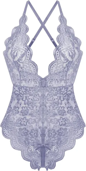 Donnalla Women's One Piece Teddy Plunging Lace Bodysuit Elegant Honeymoon Lingerie