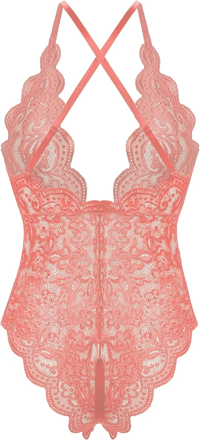Donnalla Women's One Piece Teddy Plunging Lace Bodysuit Elegant Honeymoon Lingerie
